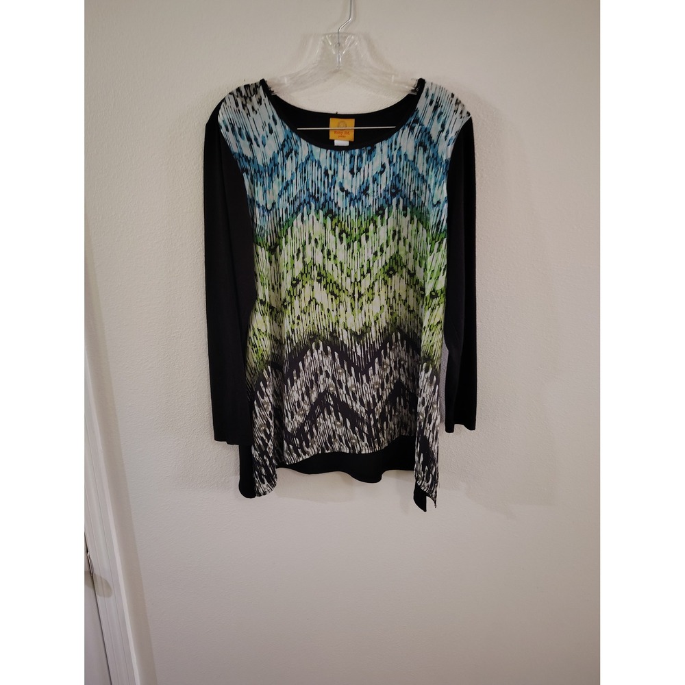 Ruby Rd Petite‎ Womens PL Long Sleeve Abstract Chevron Mixed Media Top Black